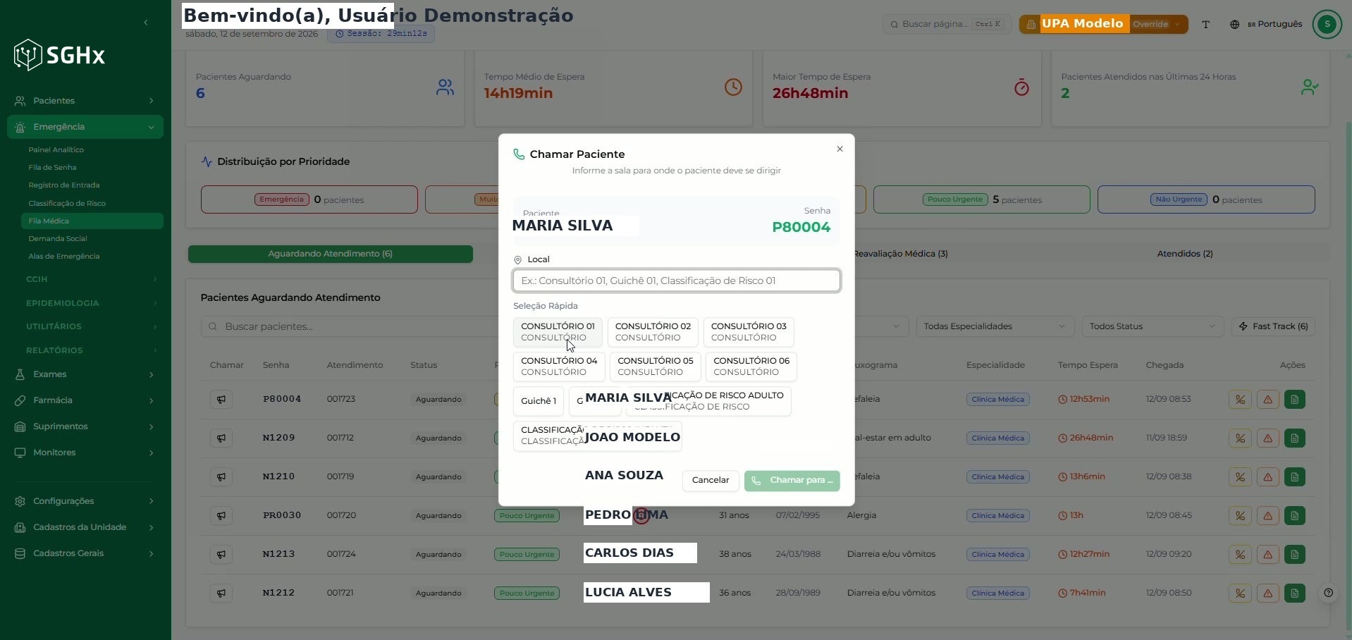 Janela Chamar Paciente com os campos Paciente, Senha, Local e Seleção Rápida