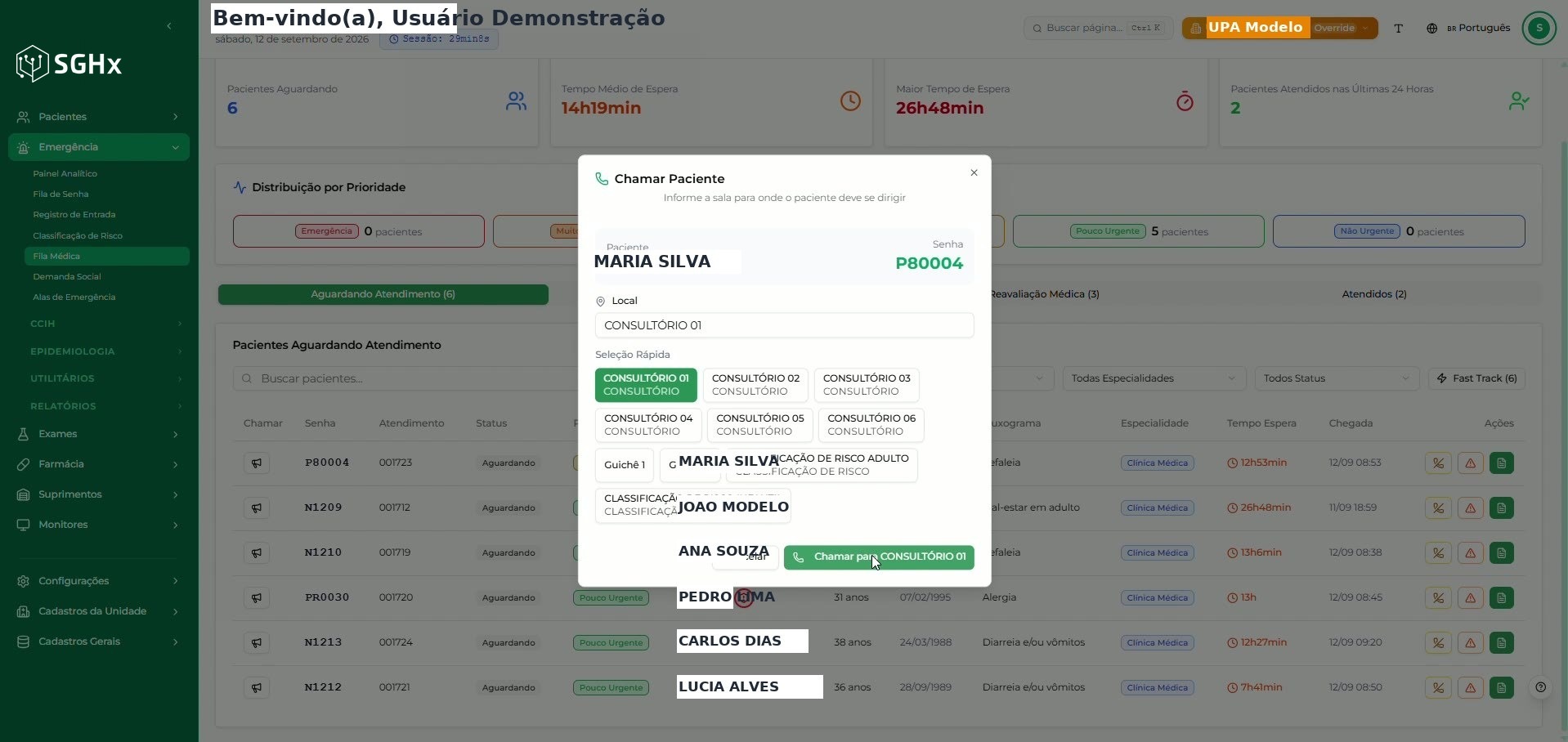 Janela Chamar Paciente com o local selecionado e o botão Chamar para CONSULTÓRIO 01