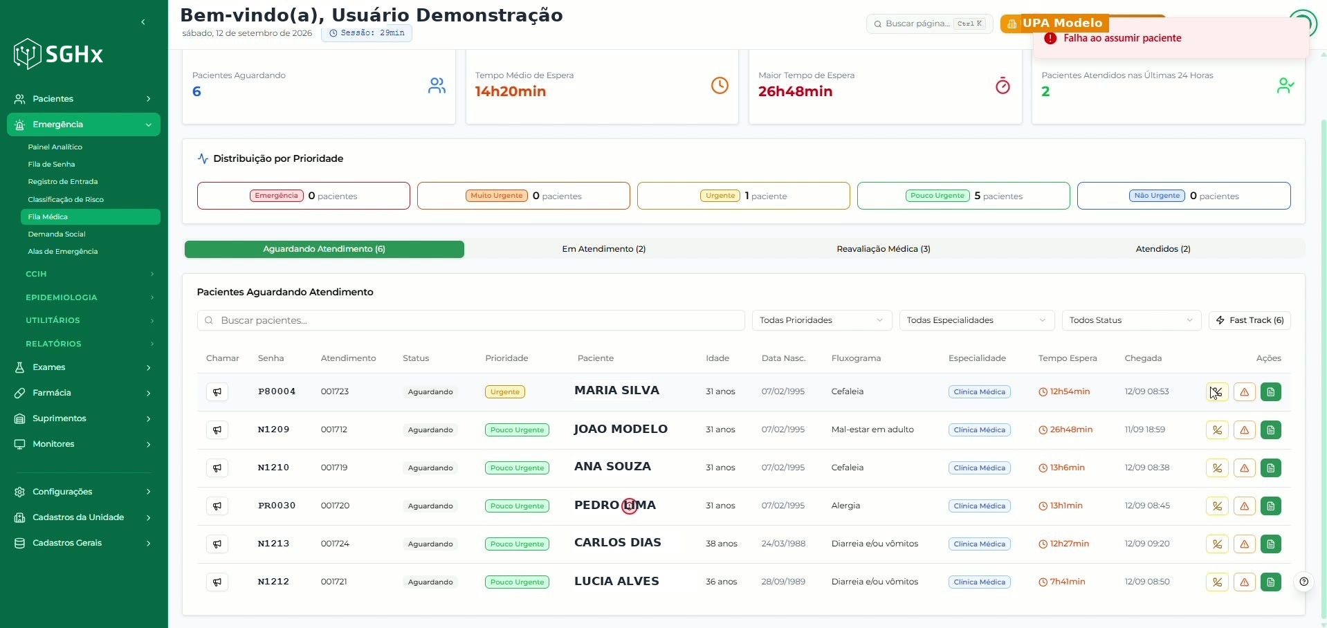 Notificação de erro Falha ao assumir paciente