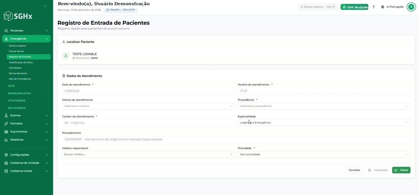 Tela Registro de Entrada de Pacientes com o paciente localizado e os dados do atendimento