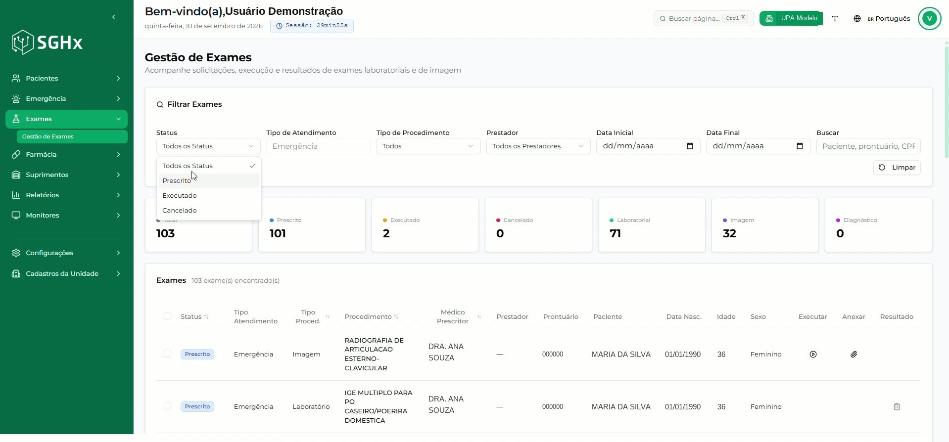 Campo Status aberto com as opções Todos os Status, Prescrito, Executado e Cancelado