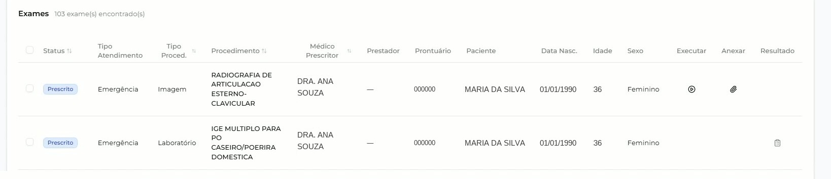 Tabela de exames com as colunas de status, atendimento, procedimento, paciente e ações