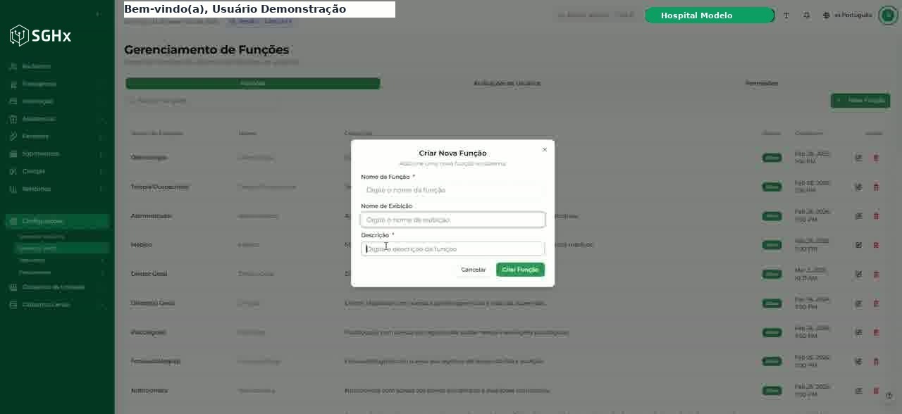 Modal Criar Nova Função com os campos Nome da Função, Nome de Exibição e Descrição e os botões Cancelar e Criar Função