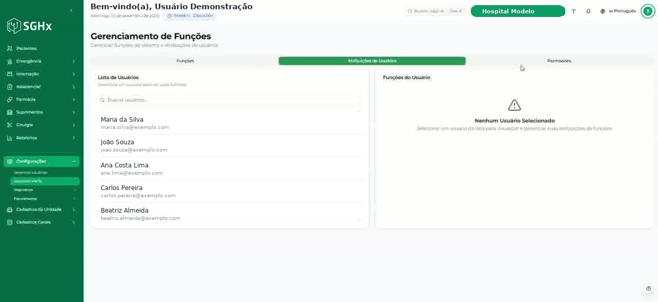 Aba Atribuições de Usuários com a Lista de Usuários e o painel Funções do Usuário