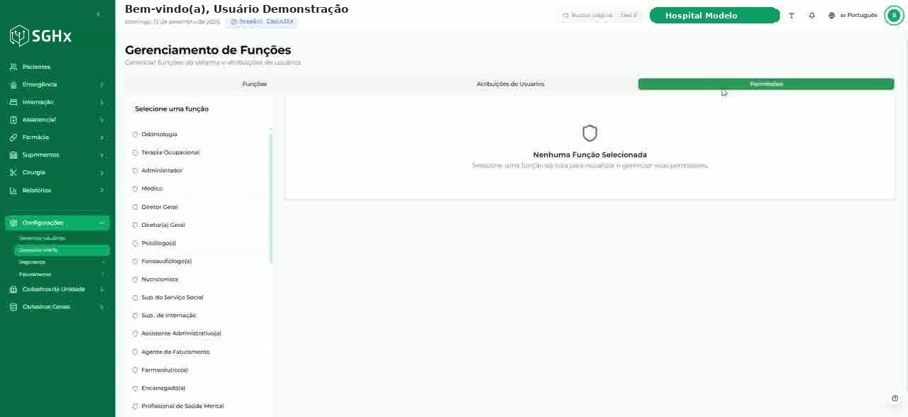Aba Permissões com a lista lateral Selecione uma função e a mensagem Nenhuma Função Selecionada