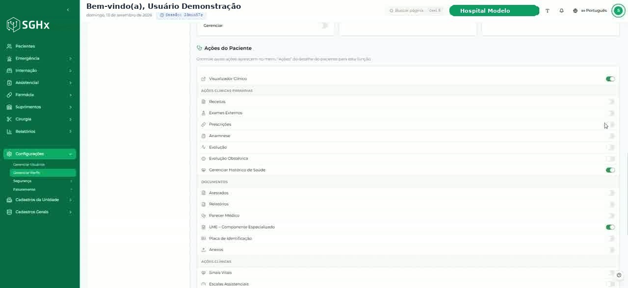 Área Ações do Paciente com os grupos Ações Clínicas Primárias, Documentos e Ações Clínicas