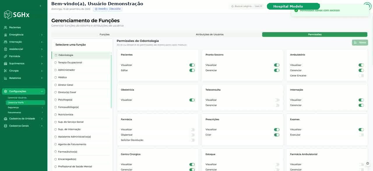 Mensagem Permissões salvas com sucesso apresentada na tela Gerenciamento de Funções