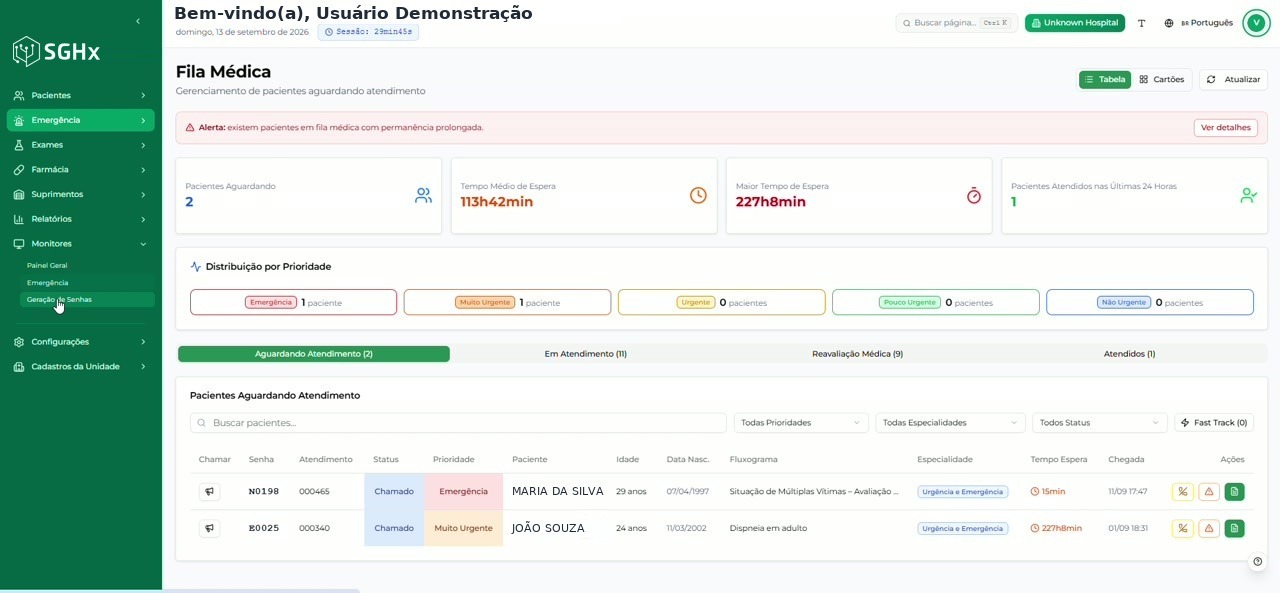 Menu lateral do SGHx com o grupo Monitores expandido e a opção Geração de Senhas