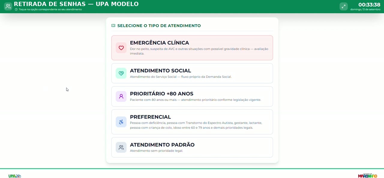 Tela de retirada de senhas com as opções de tipo de atendimento