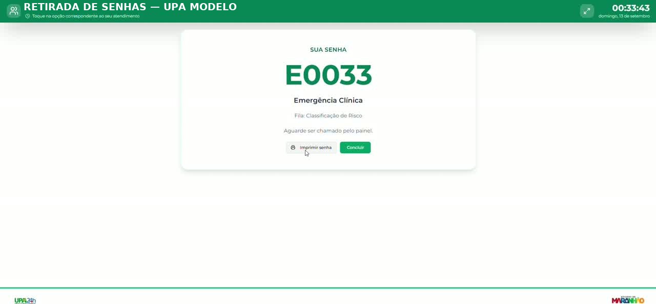 Tela com a senha gerada, o tipo de atendimento, a fila de destino e os botões Imprimir senha e Concluir