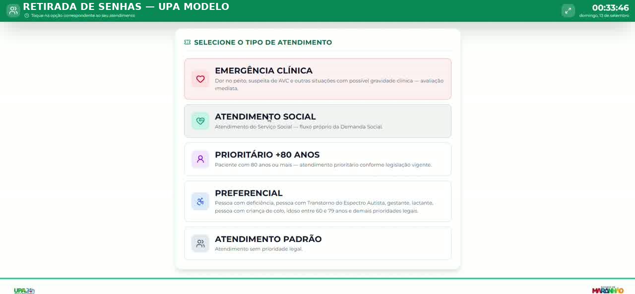 Tela de retirada de senhas novamente na seleção do tipo de atendimento