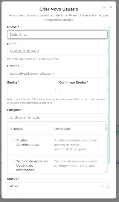 Janela Criar Novo Usuário com os campos Nome, CPF, E-mail, Senha, Confirmar Senha, Funções e Status
