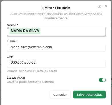 Janela Editar Usuário com os campos Nome, E-mail, CPF e o controle Status Ativo
