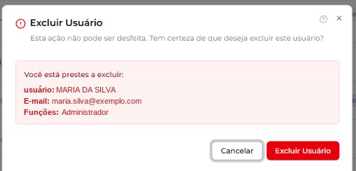 Janela Excluir Usuário com o alerta da ação e os dados do usuário selecionado