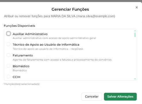 Janela Gerenciar Funções com a área Funções Disponíveis e as opções de marcação das funções