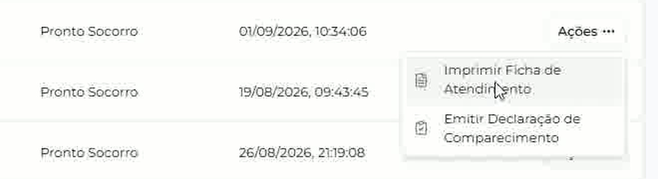 Menu Ações aberto com as opções Imprimir Ficha de Atendimento e Emitir Declaração de Comparecimento