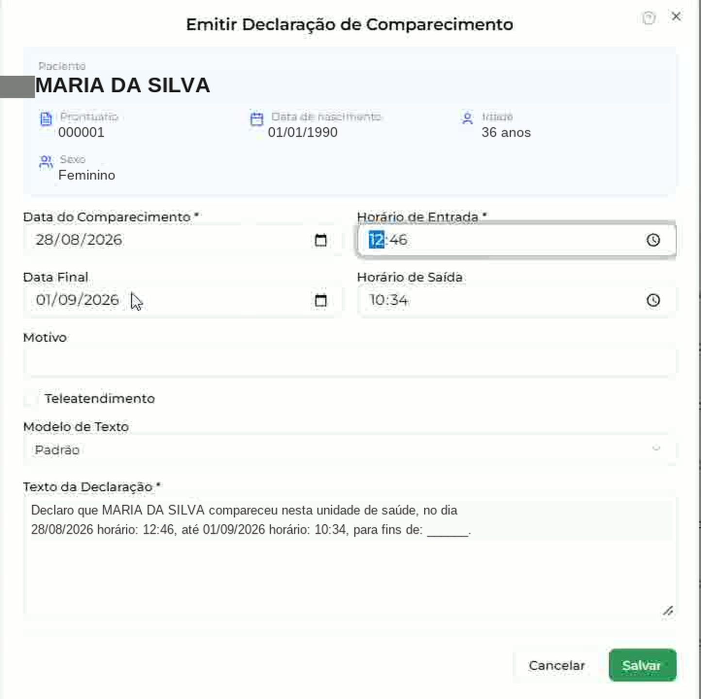 Modal Emitir Declaração de Comparecimento com os dados do paciente e os campos da declaração