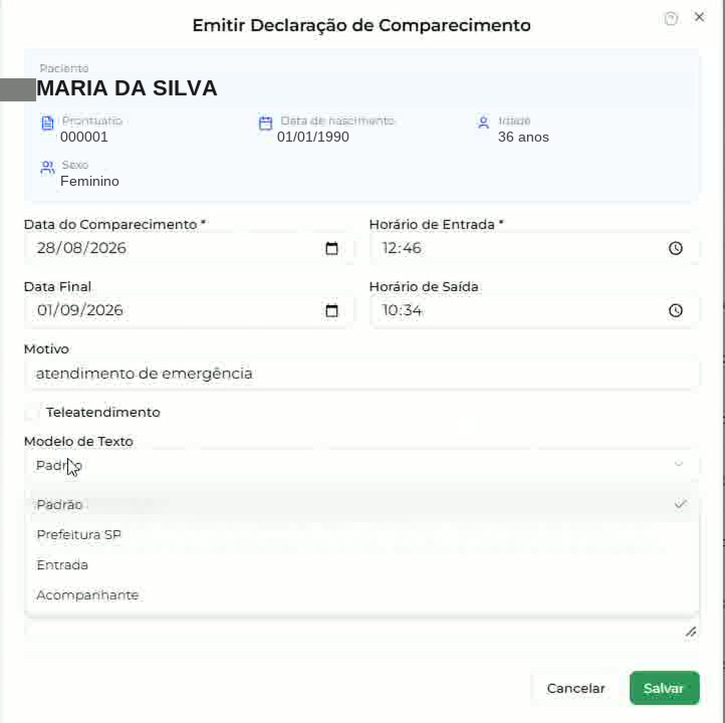 Campo Modelo de Texto do modal de declaração apresentado com o valor Padrão