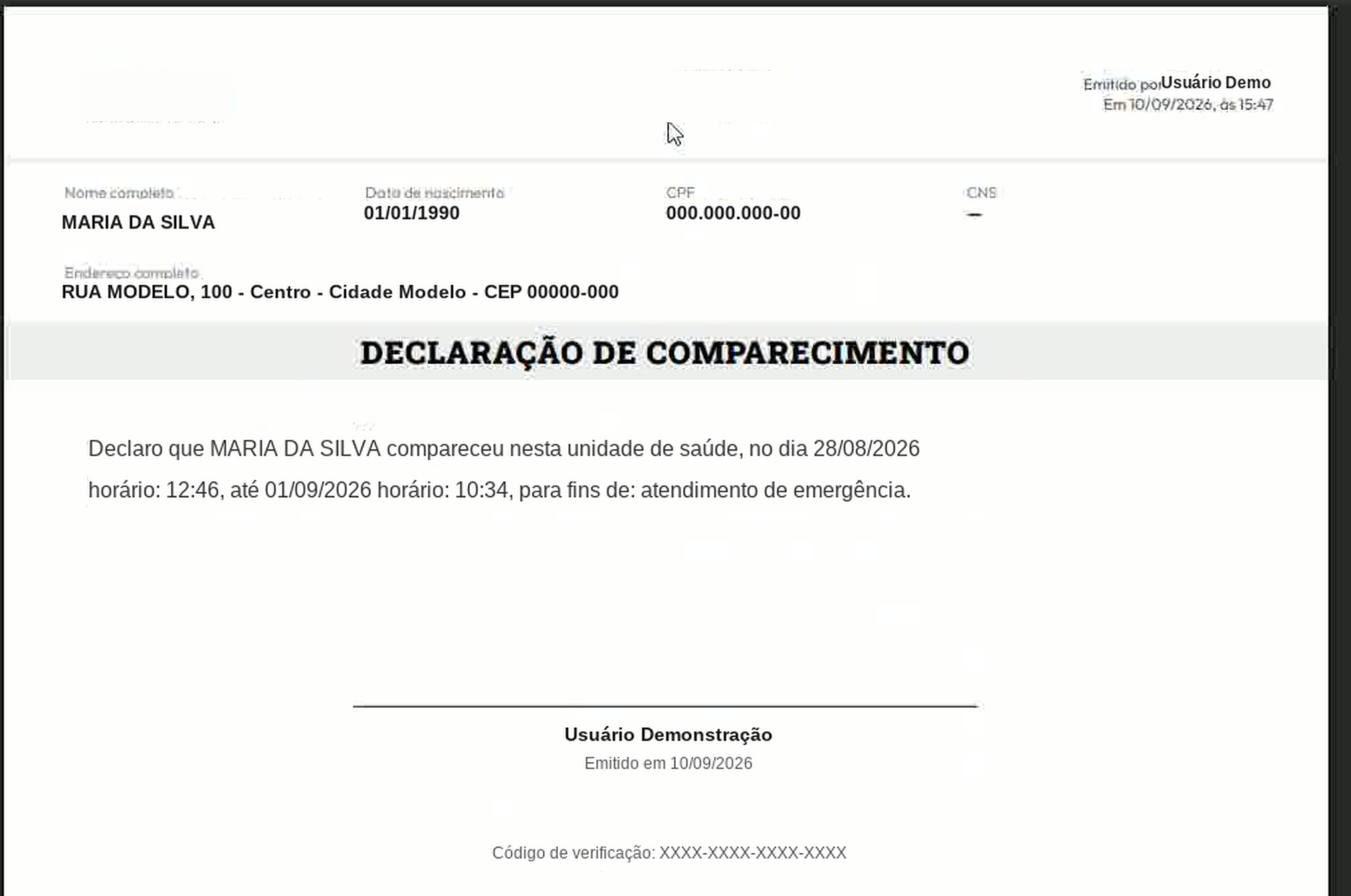 Declaração de Comparecimento emitida, com identificação do paciente e o texto da declaração