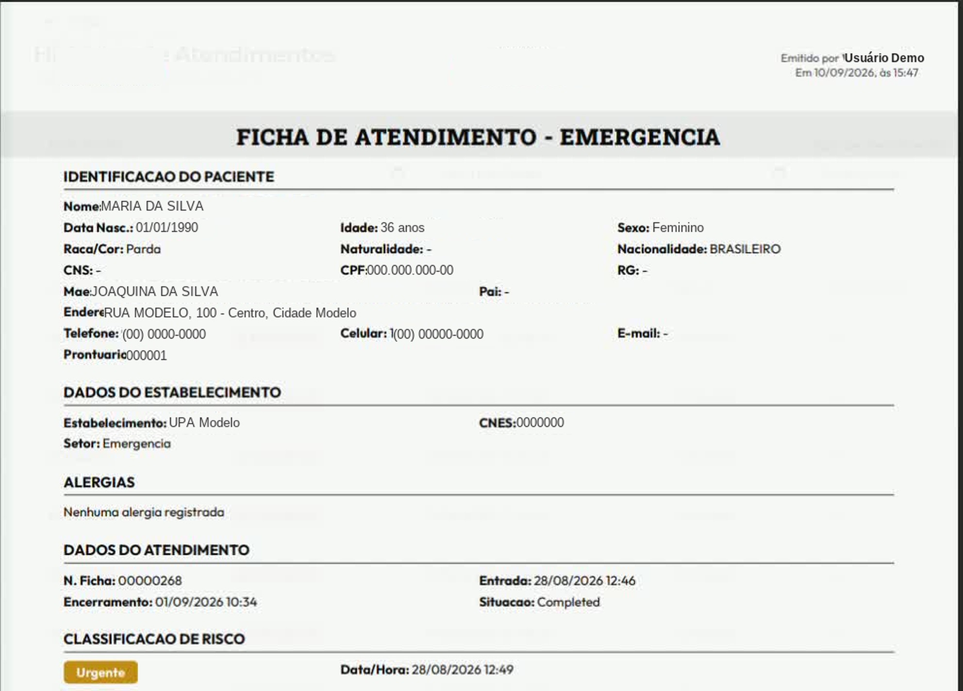 Ficha de Atendimento - Emergência aberta no visualizador de PDF, com identificação do paciente, dados do estabelecimento e dados do atendimento