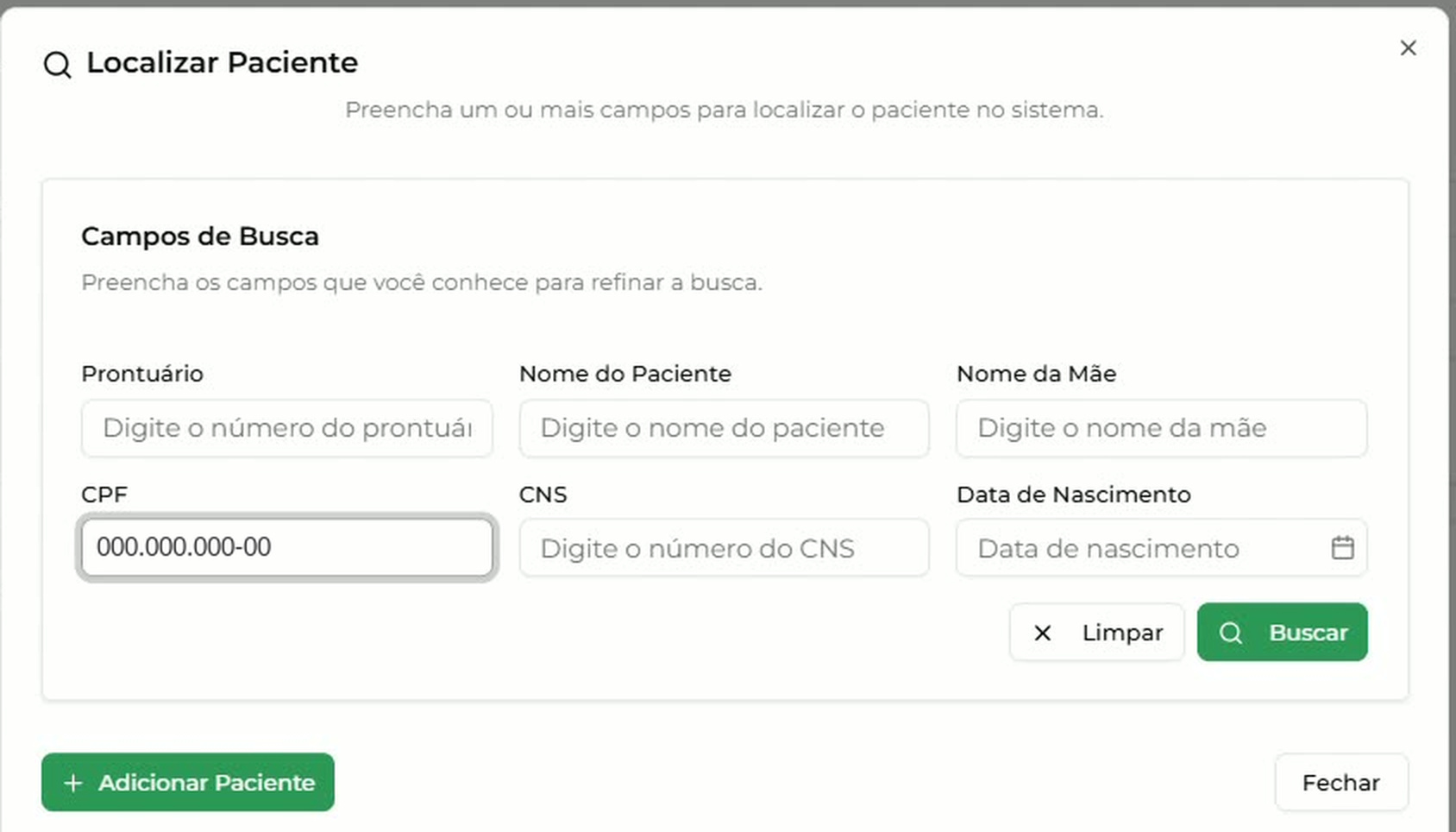 Modal Localizar Paciente com os campos Prontuário, Nome do Paciente, Nome da Mãe, CPF, CNS e Data de Nascimento
