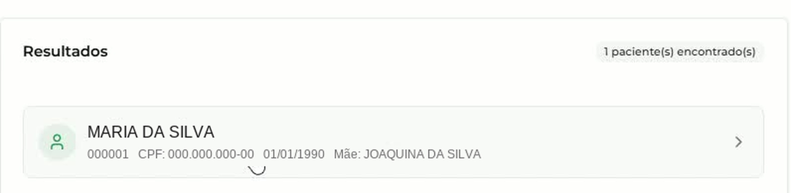 Bloco Resultados com um paciente encontrado e os dados de identificação