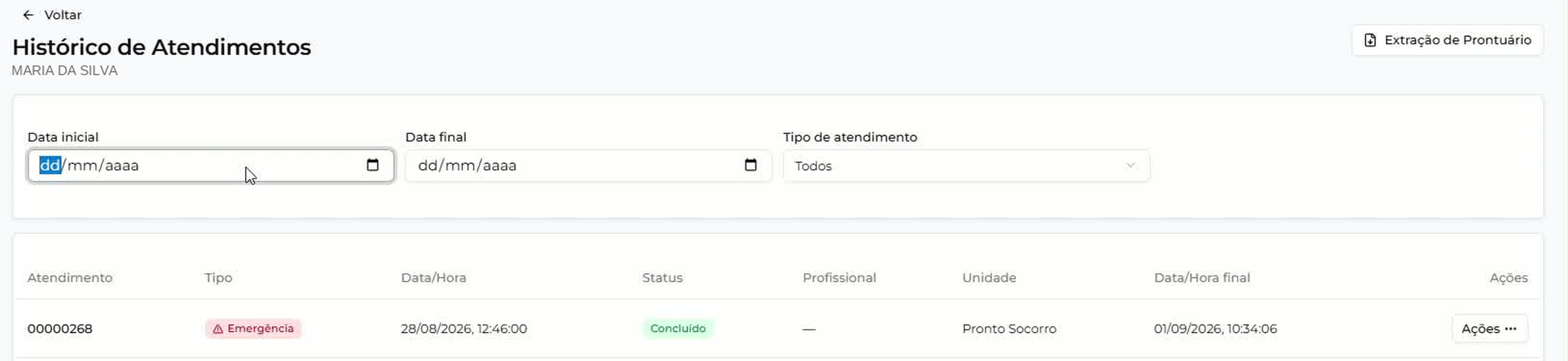 Cabeçalho do Histórico de Atendimentos com o nome do paciente, o botão Extração de Prontuário e os filtros