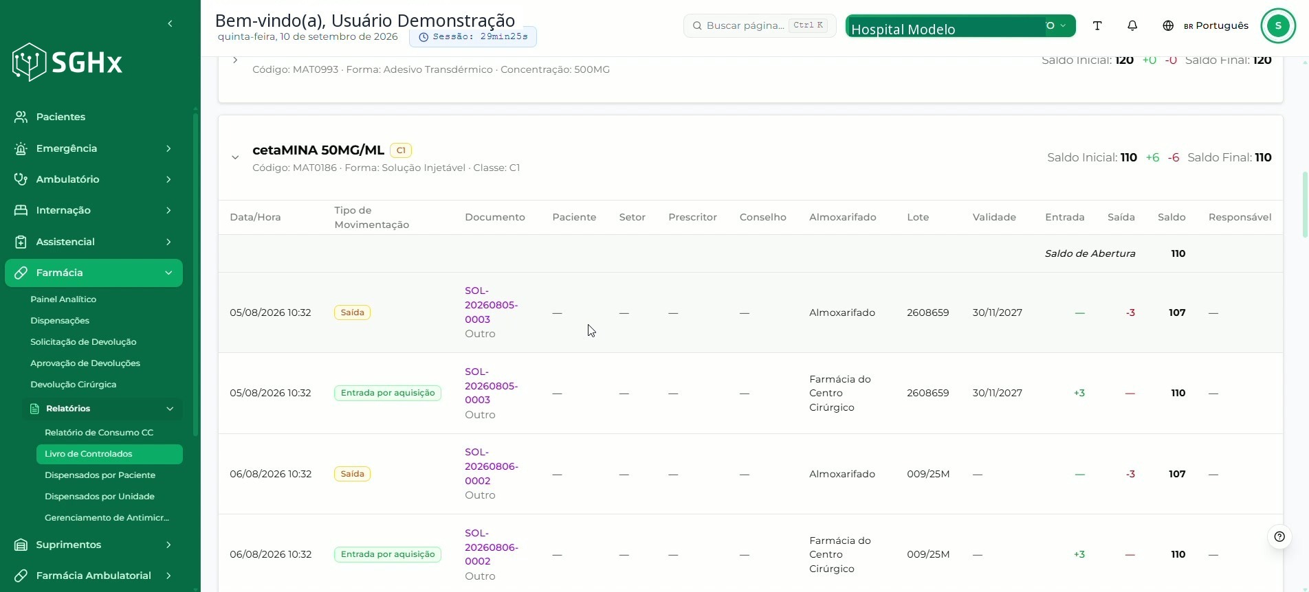 Registro de medicamento expandido com o detalhamento das movimentações