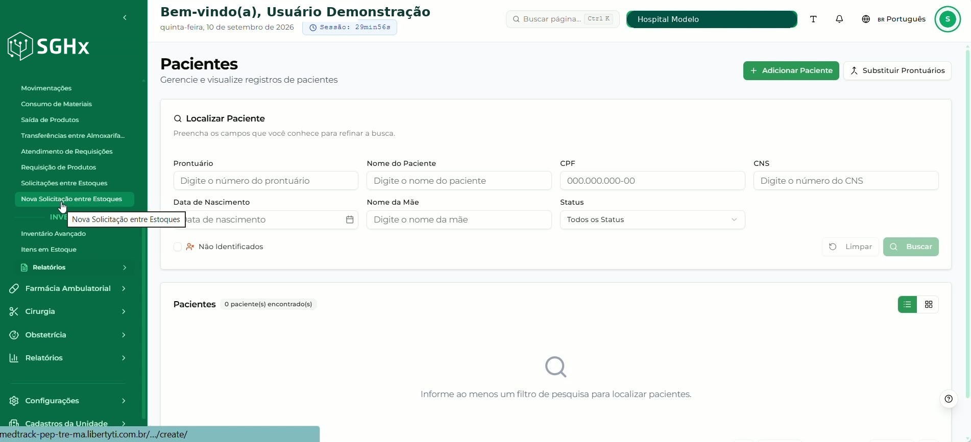 Menu lateral do SGHx com as opções de Suprimentos e a opção Nova Solicitação entre Estoques