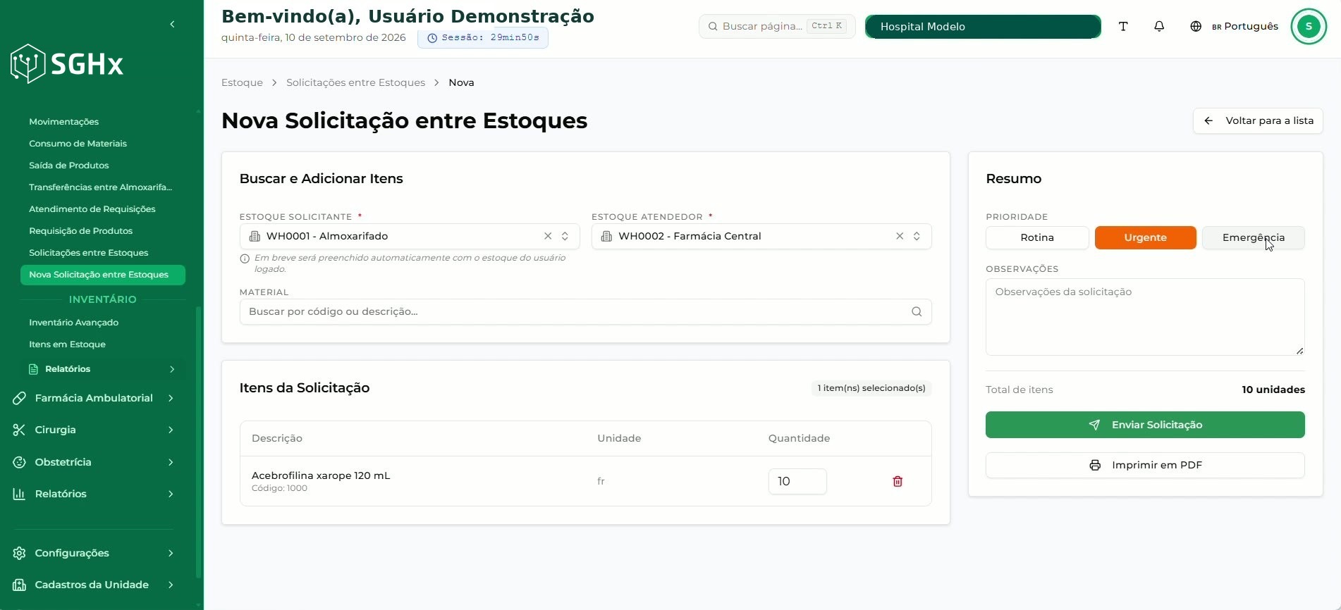 Tela Nova Solicitação entre Estoques com o campo Material, a seção Itens da Solicitação e as opções de prioridade