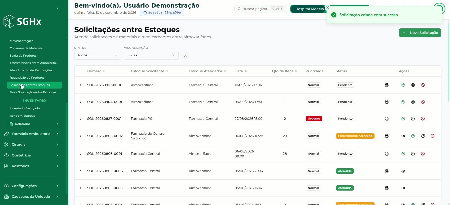 Mensagem Solicitação criada com sucesso apresentada pelo sistema