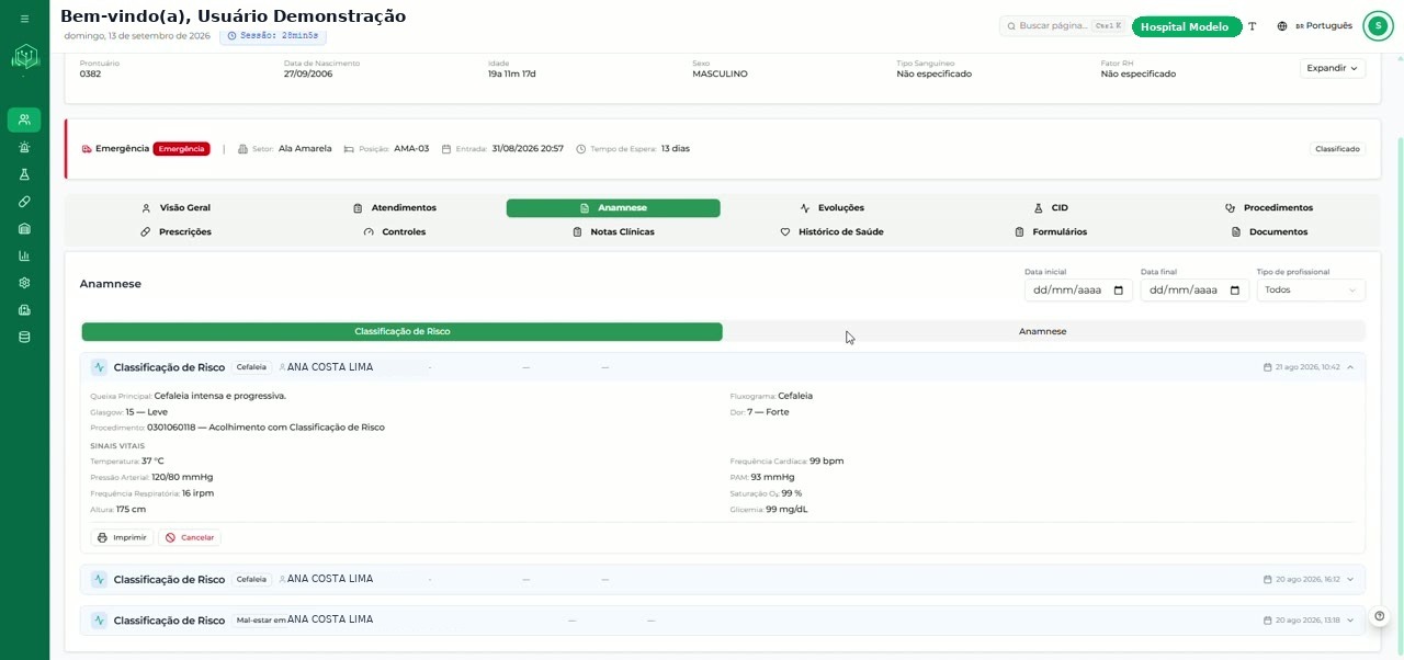 Aba Anamnese com os registros de Classificação de Risco