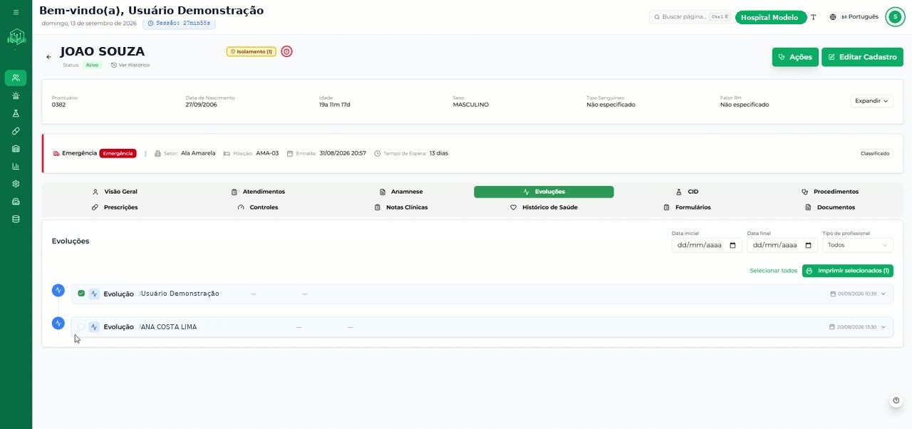 Aba Evoluções com os registros de evolução do paciente