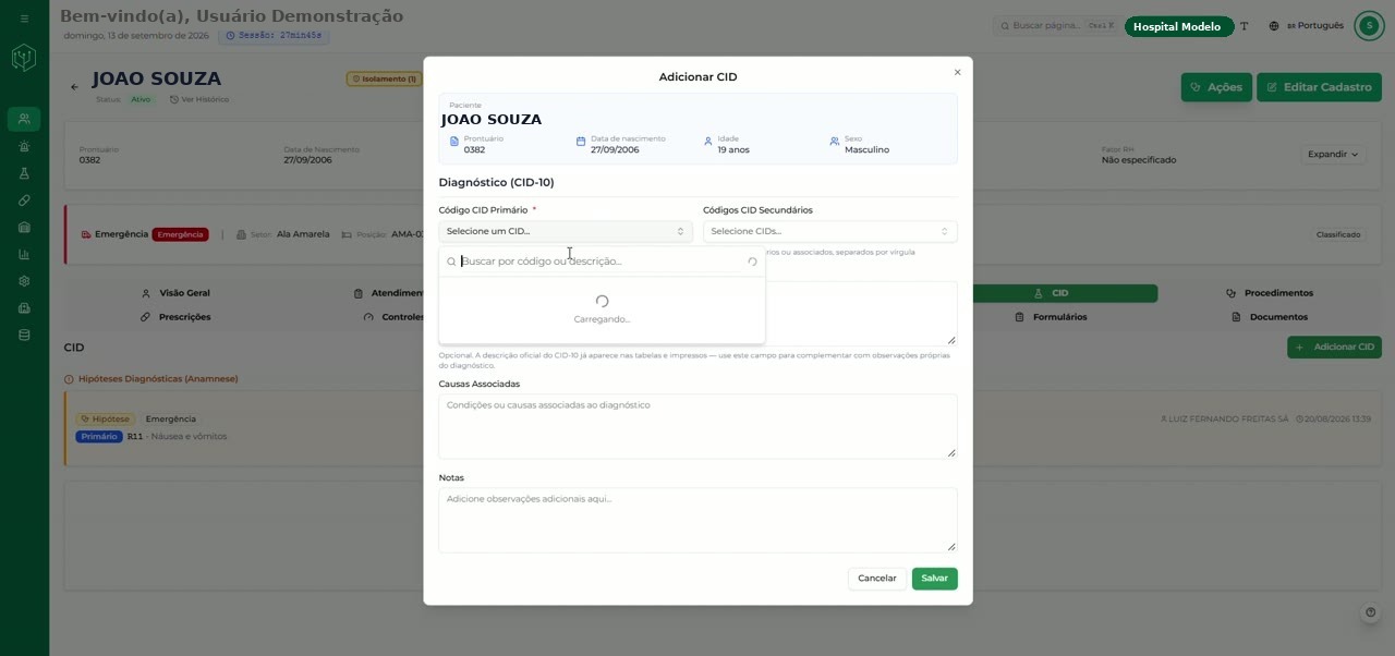Modal Adicionar CID aberto sobre o Prontuário
