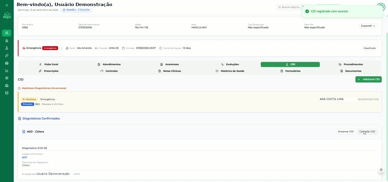 Aba CID com hipóteses diagnósticas e diagnósticos confirmados