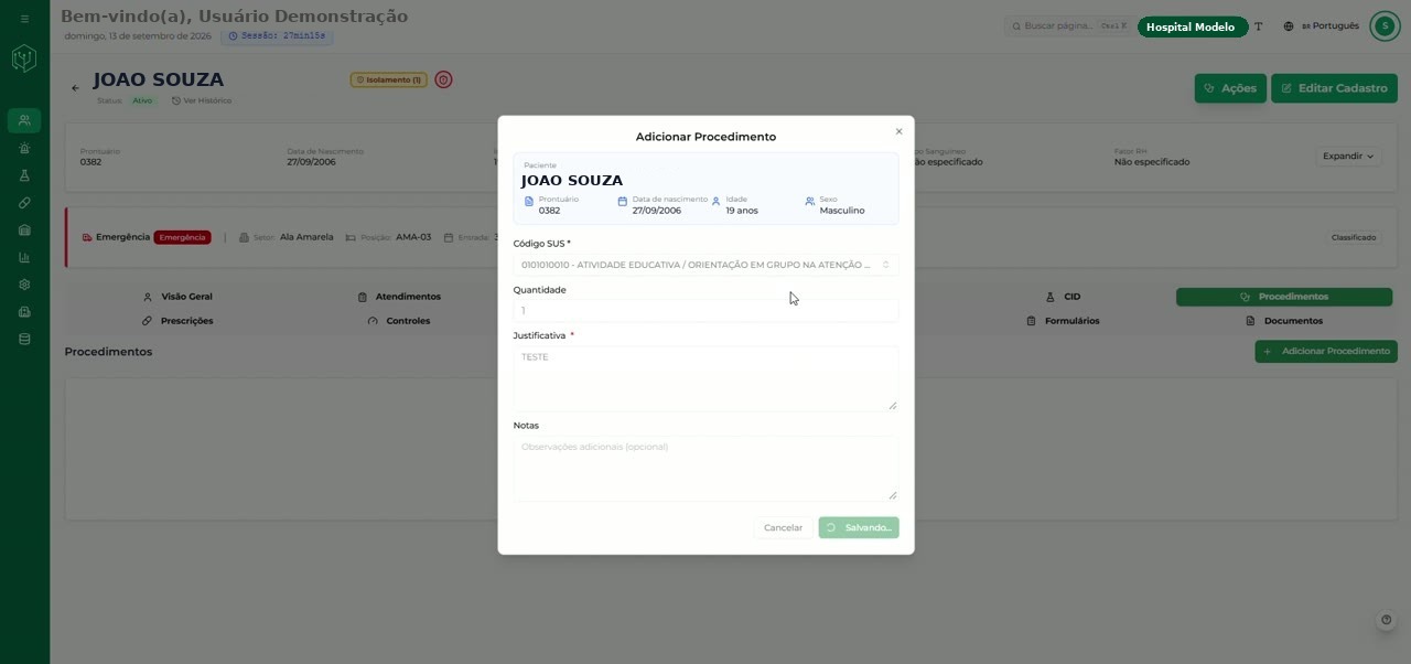 Modal Adicionar Procedimento aberto sobre a aba Procedimentos