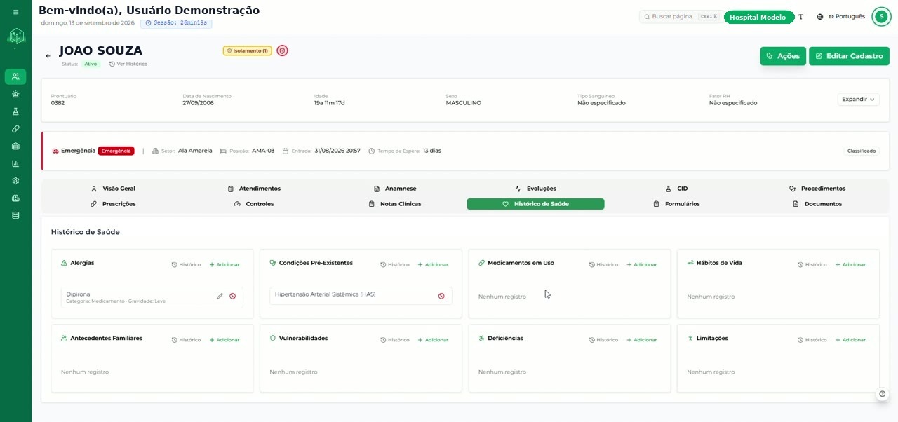 Aba Histórico de Saúde com os blocos de informações do paciente