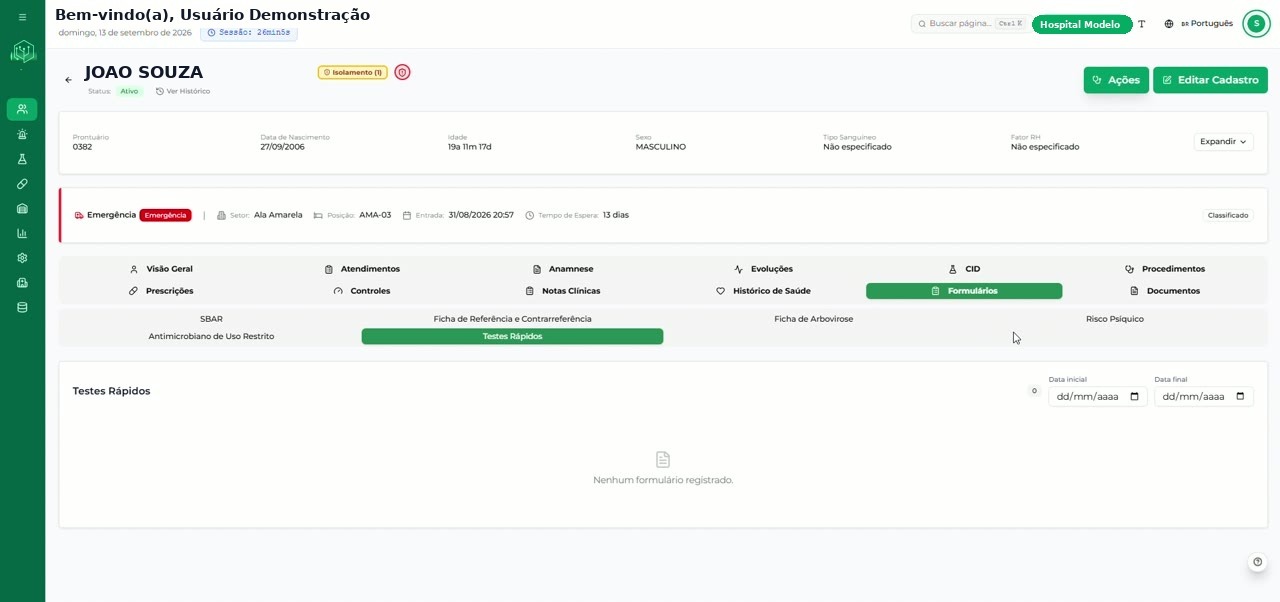Aba Formulários com o estado vazio de Testes Rápidos