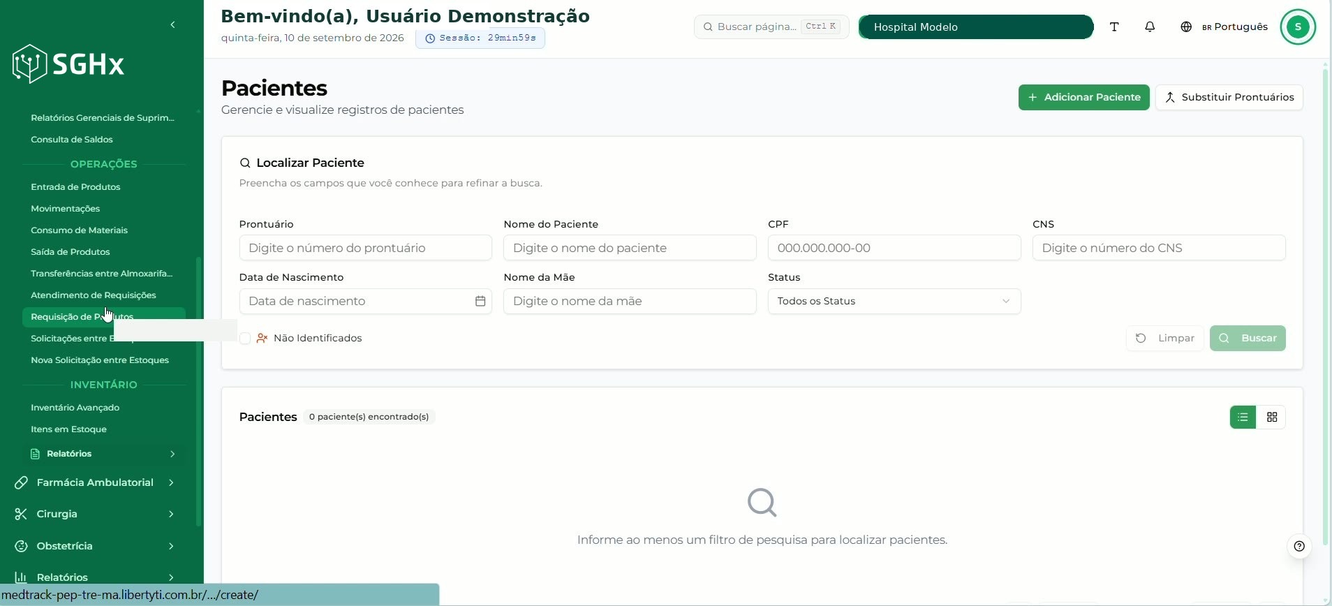 Menu lateral do SGHx com as opções de Suprimentos e a opção Requisição de Produtos