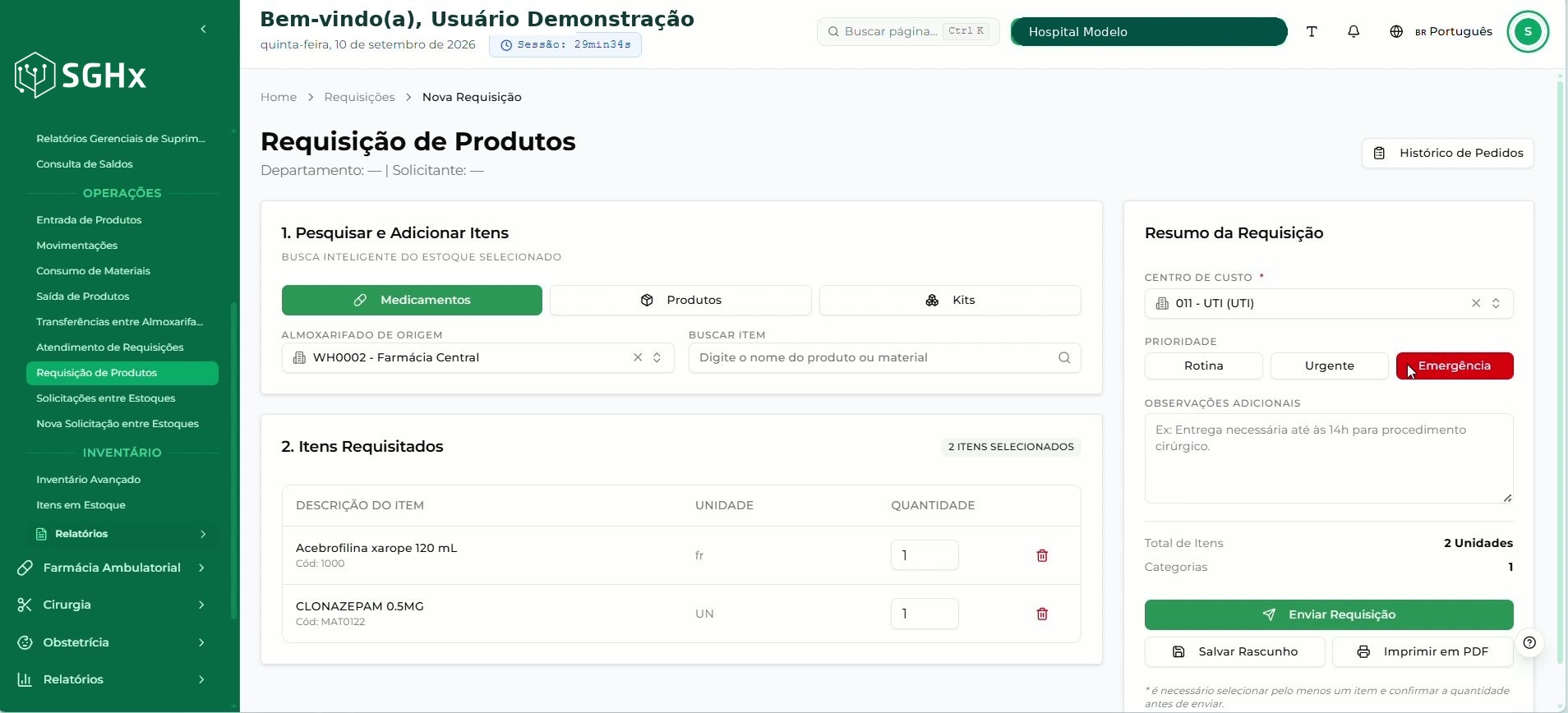 Tela Requisição de Produtos com as categorias Medicamentos, Produtos e Kits, o campo Buscar Item e a seção Itens Requisitados