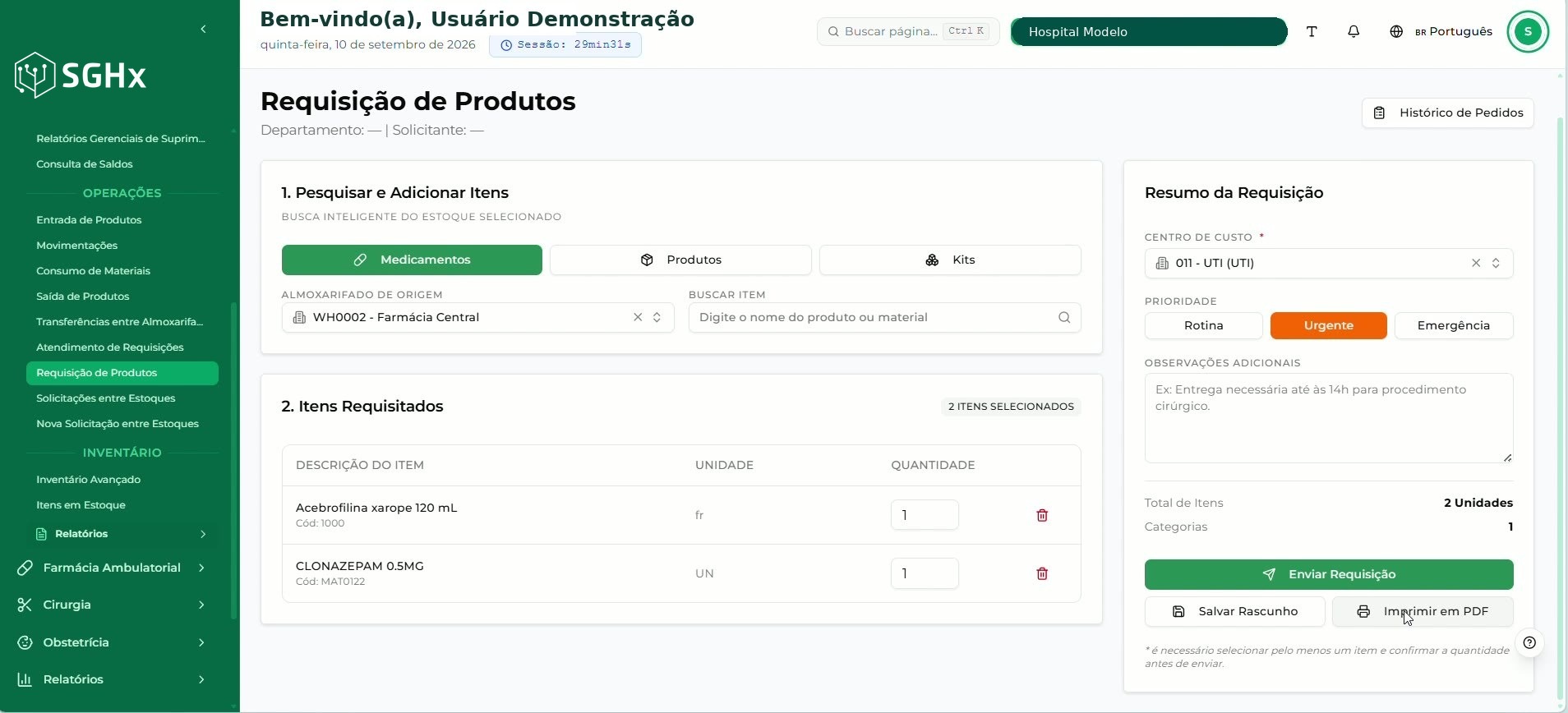 Tela Requisição de Produtos com o campo Almoxarifado de Origem, o Resumo da Requisição com Centro de Custo e a ação Enviar Requisição