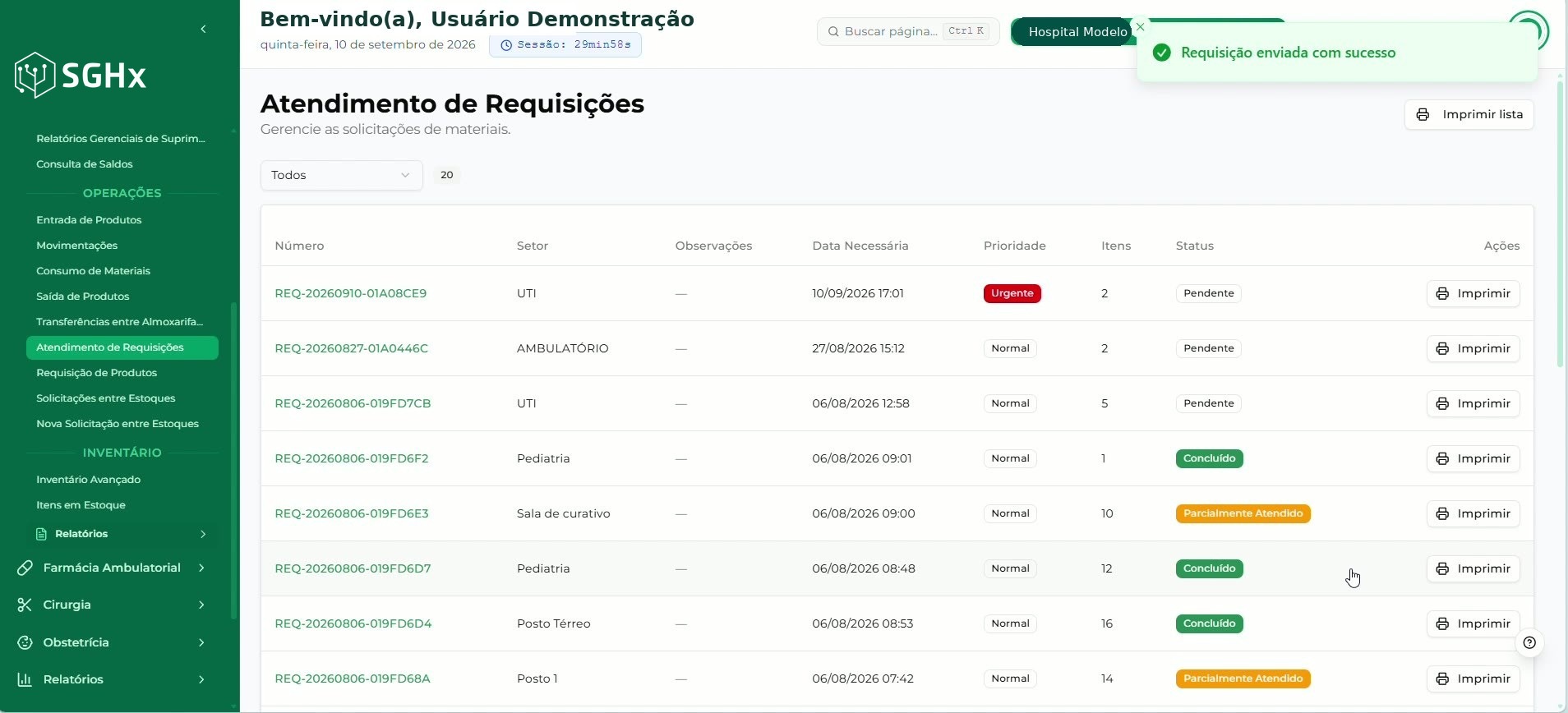 Mensagem Requisição enviada com sucesso apresentada pelo sistema
