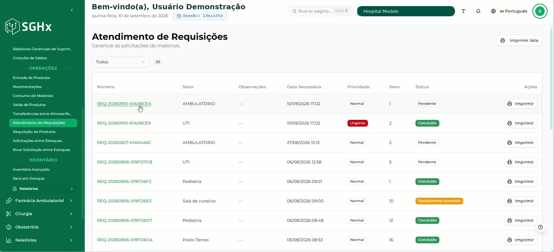 Tela Atendimento de Requisições com a listagem de requisições encaminhadas