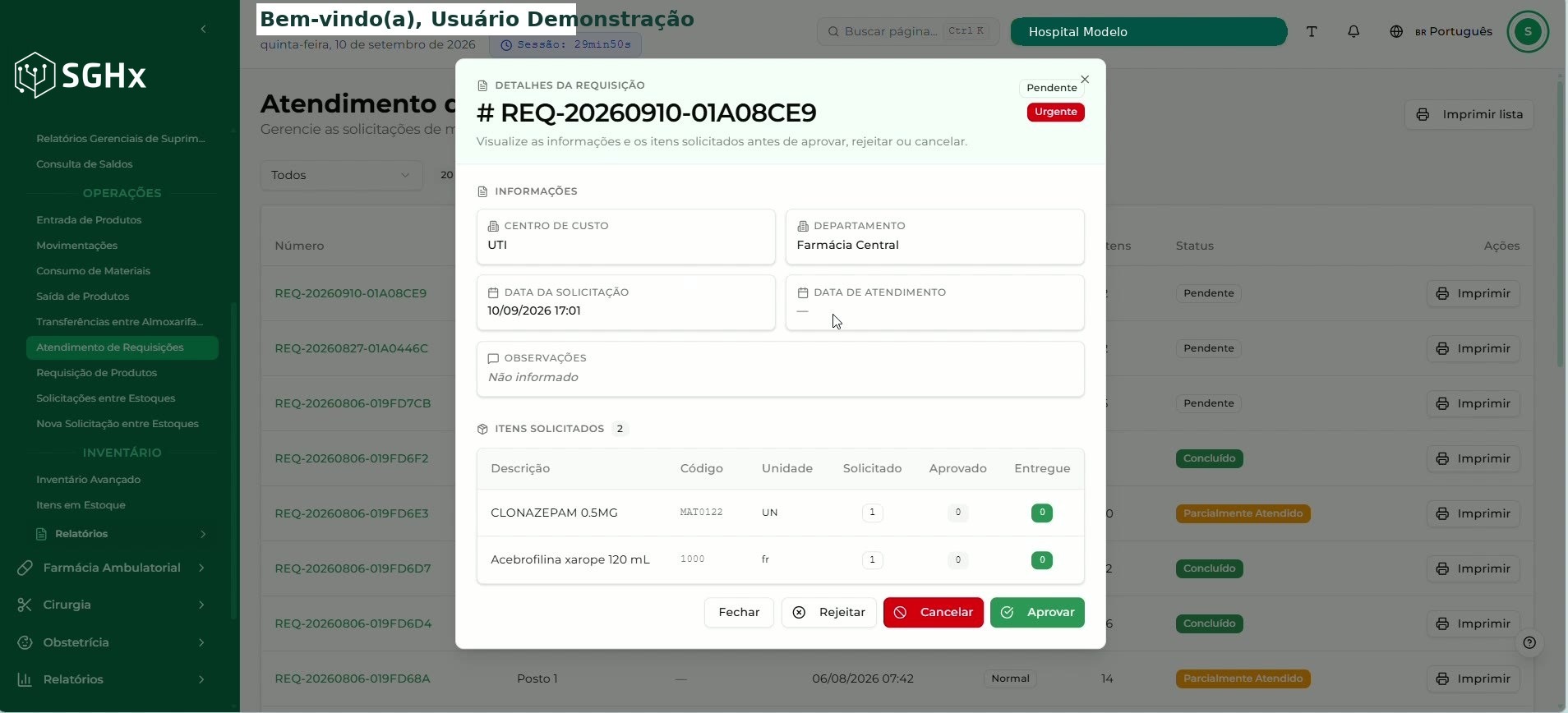 Modal Detalhes da Requisição com informações e itens solicitados