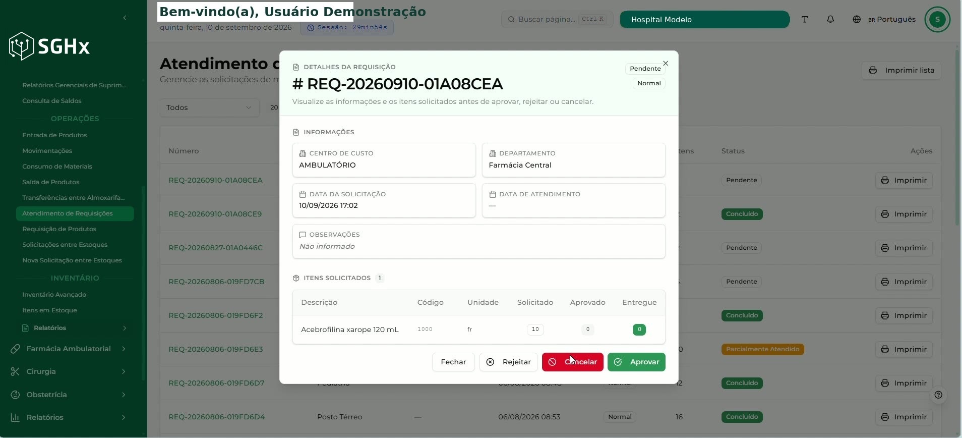 Modal Detalhes da Requisição com a ação Aprovar