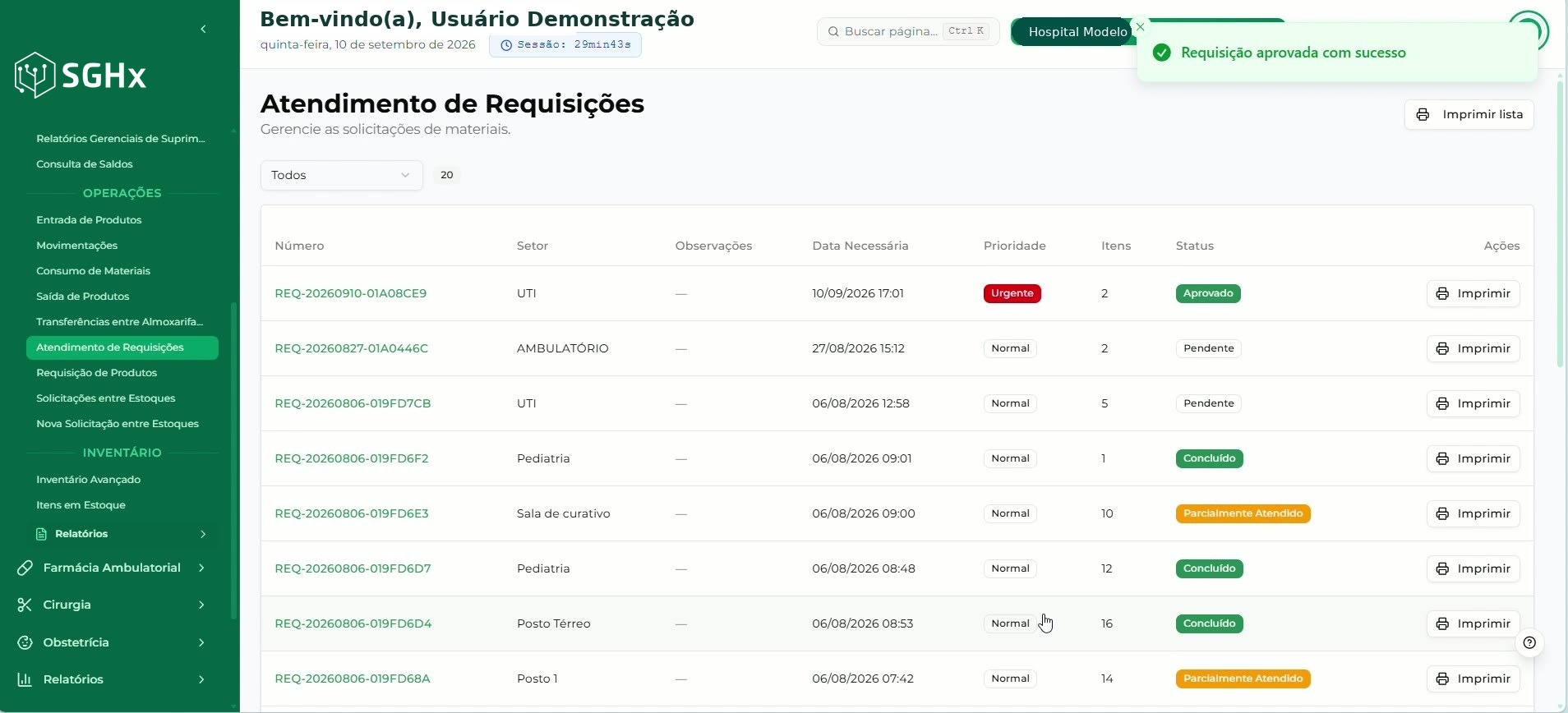 Mensagem Requisição aprovada com sucesso apresentada pelo sistema