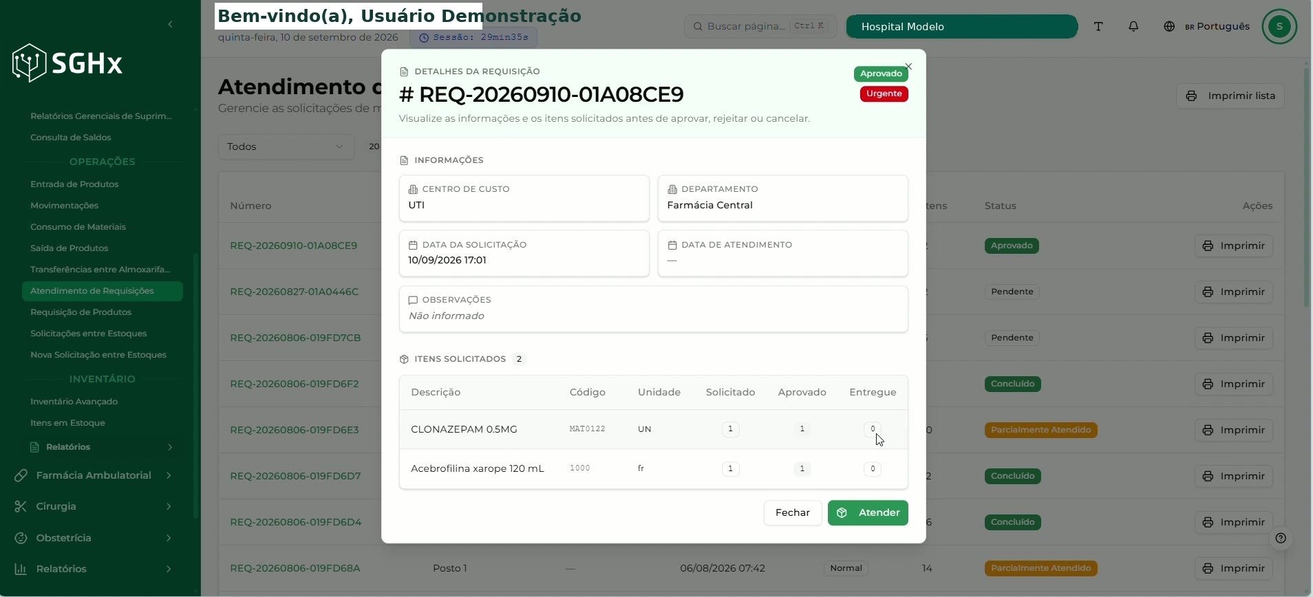 Modal Detalhes da Requisição com a ação Atender