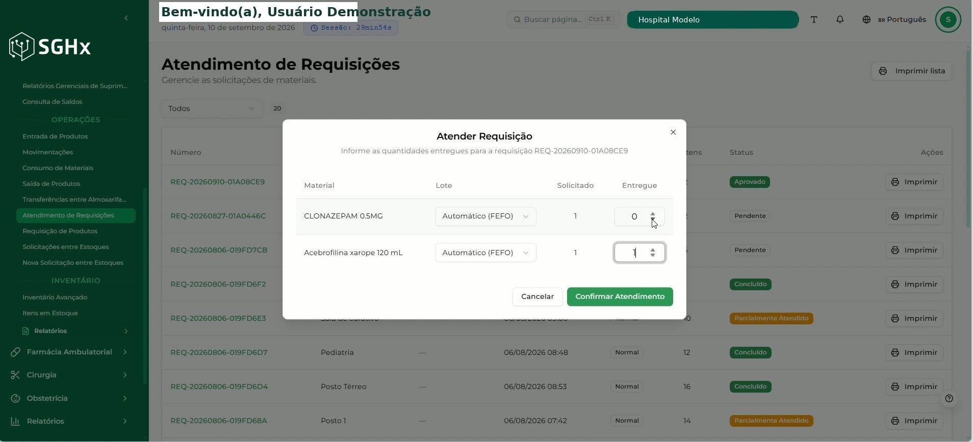 Modal Atender Requisição com material, lote, quantidade solicitada e quantidade entregue
