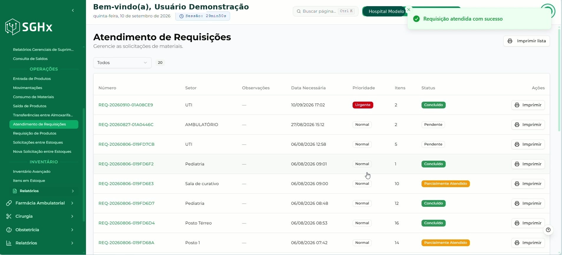 Mensagem Requisição atendida com sucesso apresentada pelo sistema