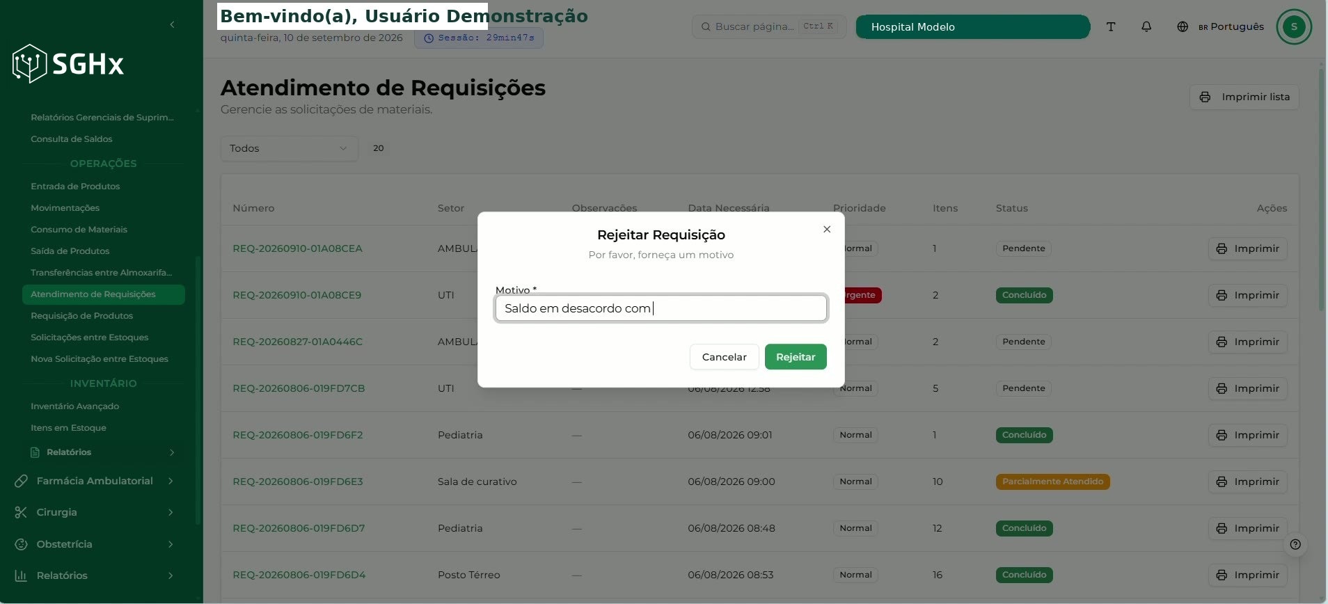 Modal Rejeitar Requisição com o campo Motivo e o botão Rejeitar